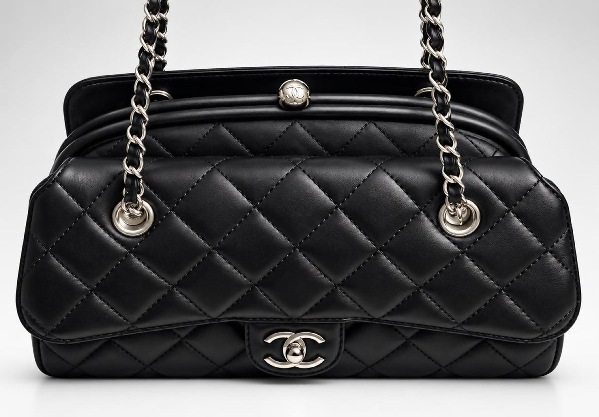 Rare Chanel Classic Black CC Kisslock Lambskin Frame Compartment Timeless Bag