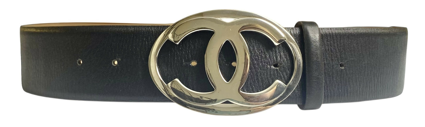 Chanel 06A Extra Wide Black Lambskin Leather Oval CC Silver Buckle Belt Size 85/34
