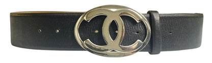 Chanel 06A Extra Wide Black Lambskin Leather Oval CC Silver Buckle Belt Size 85/34