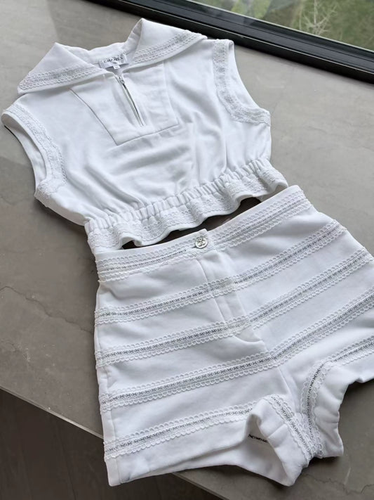 Chanel 24m White Ruffled Lace top & shorts set