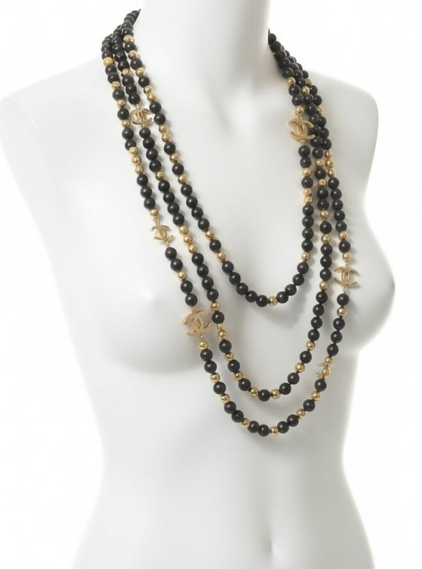 Chanel 16S Airlines 3 Strand 4 CC Extra Long Black Gold Mirror Statement Necklace