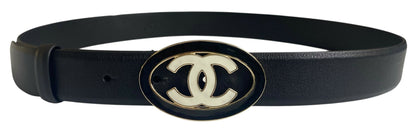 Chanel 24A Black White CC Enamel Lambskin Leather Belt Size 80/32