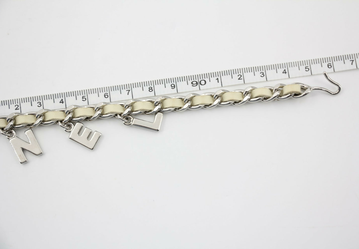 Chanel A12C Leather with Metal Beige White and Silver Waist Chain L95