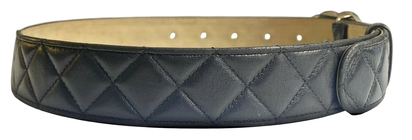 Chanel 14A Black Quilted Lambskin Silver CC Logo Belt 80/32