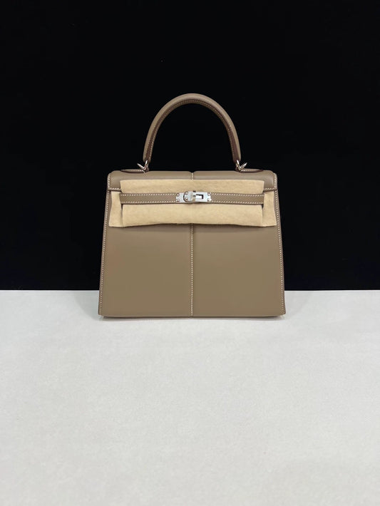 Hermes Padded Kelly 25 Etoupe Swift leather palladium hardware