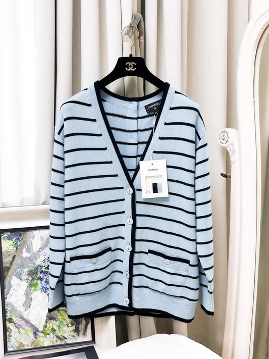 Chanel 25S blue and black striped cashmere cardigan