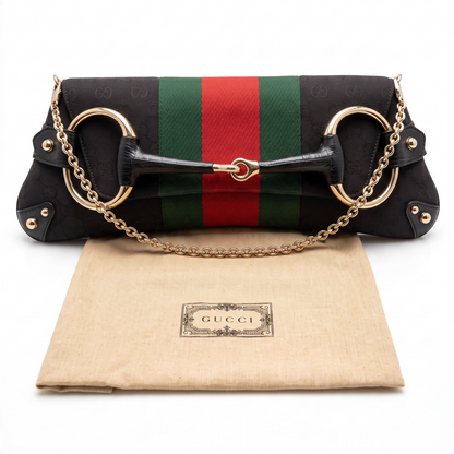 Gucci Large 1955 Tom Ford Classic Black Red Green GG Monogram Horsebit Clutch Handbag Gold hardware