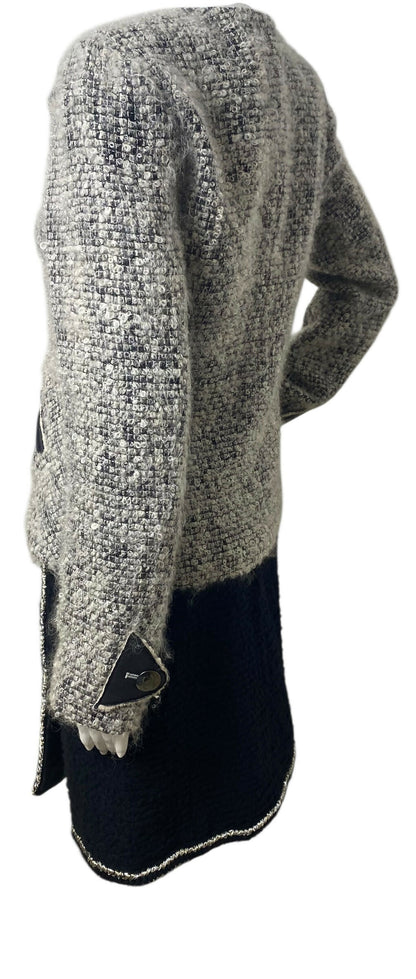 Chanel 10A Shanghai Shearling Tweed CC Grey Black Leather Trim Jacket Coat FR 36