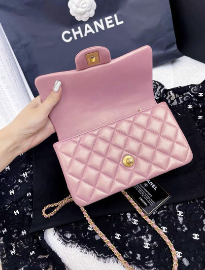 Chanel Mini Rectangular Flap Bag with Top Handle Pink Iridescent Lambskin Antique Gold Hardware