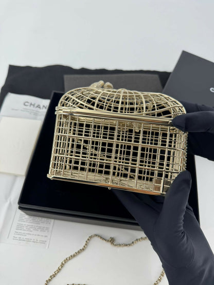 Chanel 2025 Rhinestone and Metal Embellishments Light Gold Birdcage Minaudière Bag