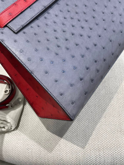 Hermes Kelly 28 grey/red ostrich leather palladium hardware