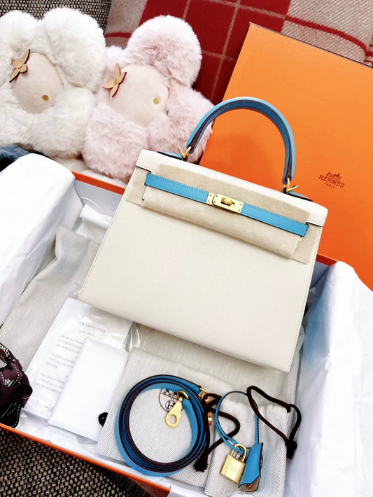 Hermes Kelly 25 special order ecru & blue Epsom leather brushed gold hardware