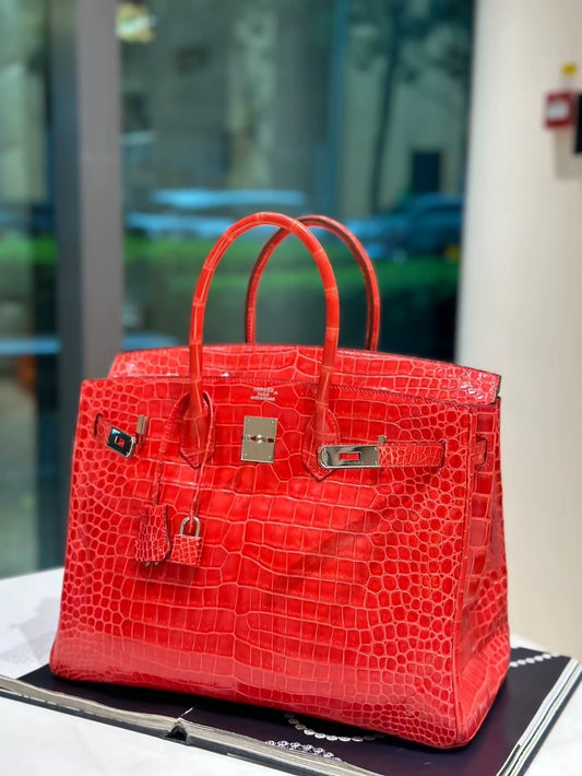 Hermes Birkin 35 red shiny crocodile palladium hardware