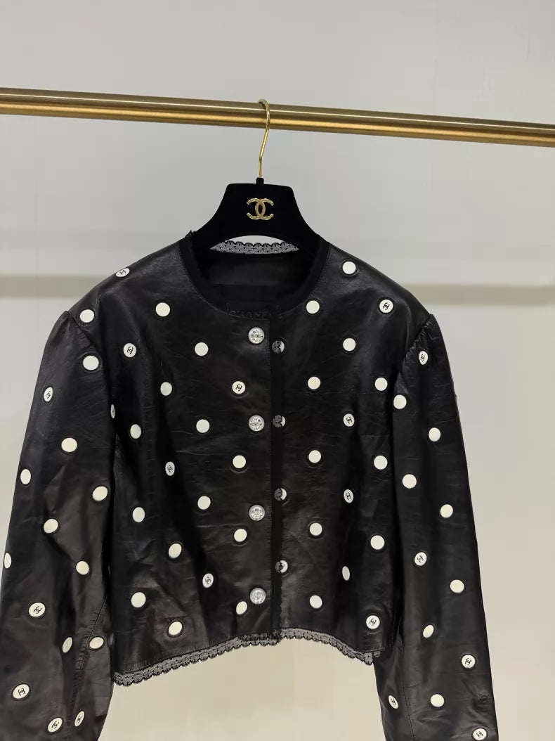 Chanel 23S Black Lace Polka Dot Double C Leather Jacket