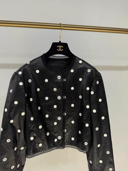 Chanel 23S Black Lace Polka Dot Double C Leather Jacket
