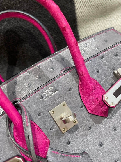 Hermes Birkin 25 agate grey and rose fuchsia ostrich leather palladium hardware