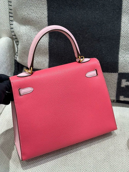 Hermes Kelly 25 Lipstick Pink & Pink Sakura Goat Leather brushed gold hardware