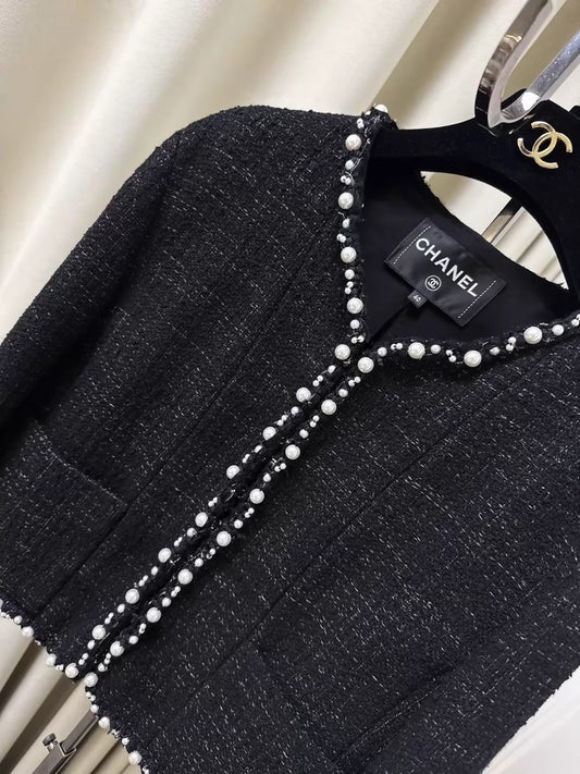 Chanel 25P black pearl-trimmed tweed jacket