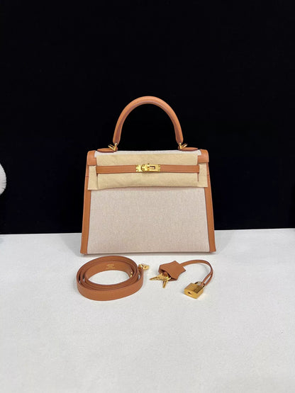 Hermes Kelly 25 Canvas with gold/brown swift leather and gold hardware
