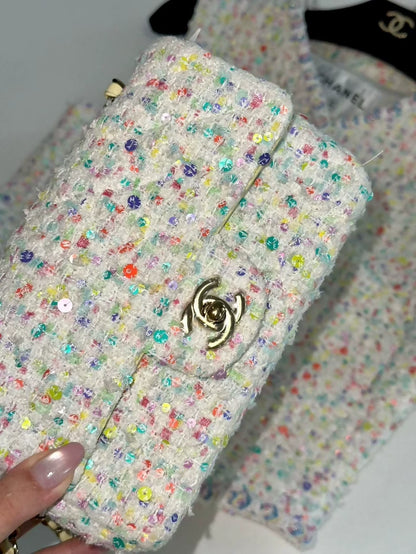 Chanel 23S white/Multicolor Sequin tweed CF Mini Shoulder Bag