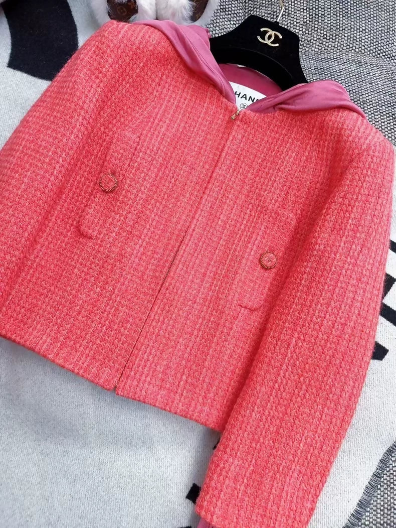 Chanel 16k orange tweed patchwork hooded jacket