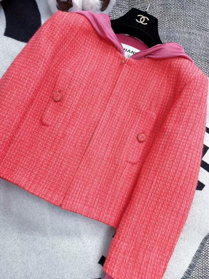 Chanel 16k orange tweed patchwork hooded jacket