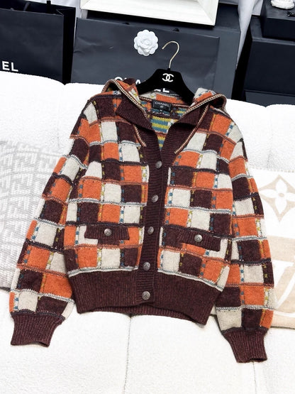 Chanel 2018 khaki and orange color-blocked plaid cashmere knit cardigan