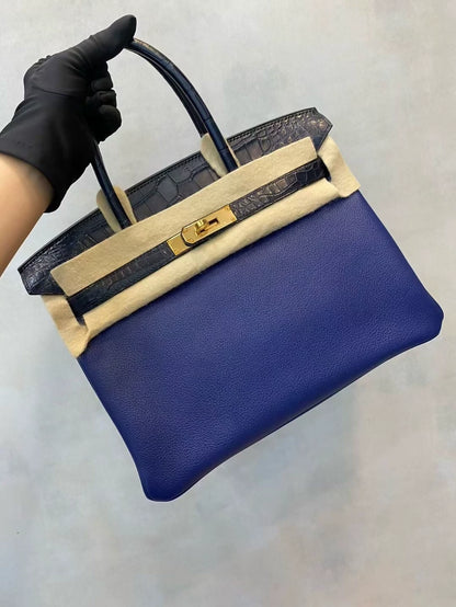 Hermes Birkin touch 30 in blue togo & matte crocodile leather gold hardware