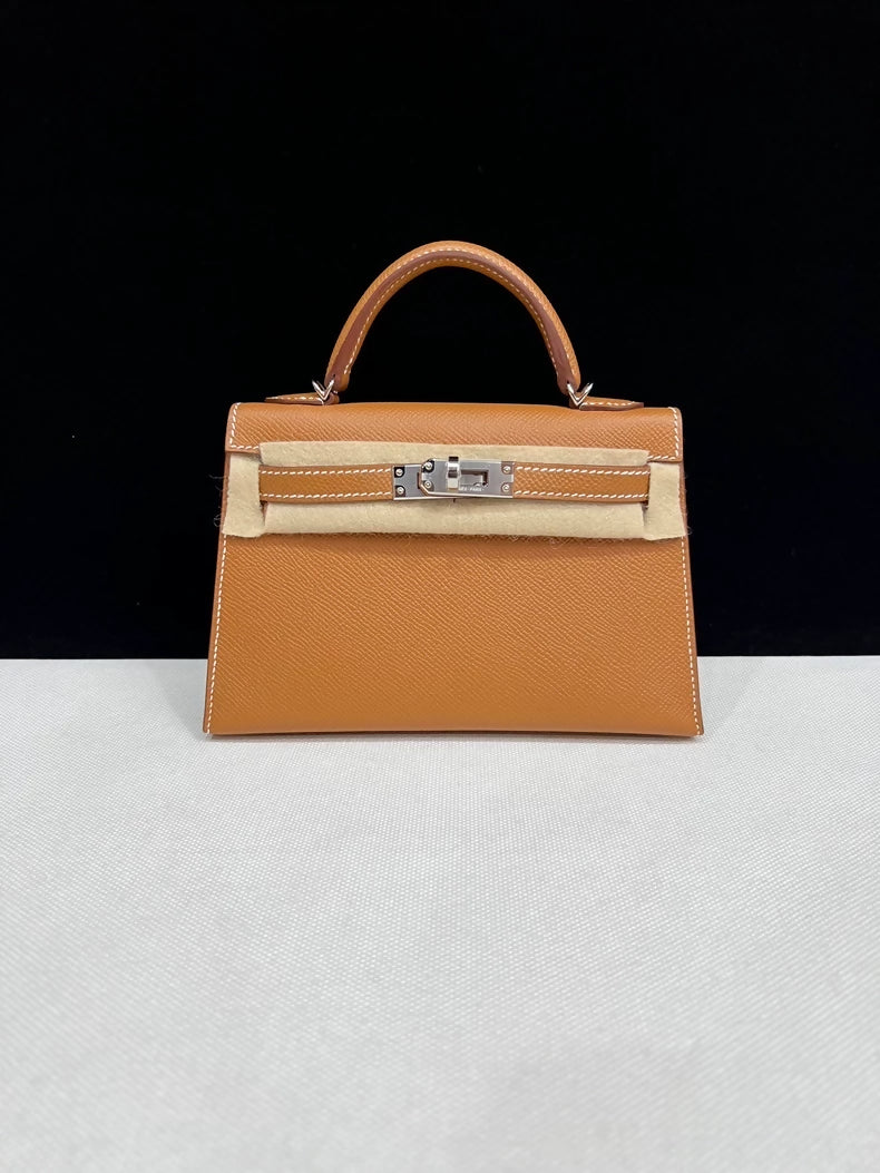 Hermes Mini Kelly 20 gold-brown leather Epsom leather palladium hardware
