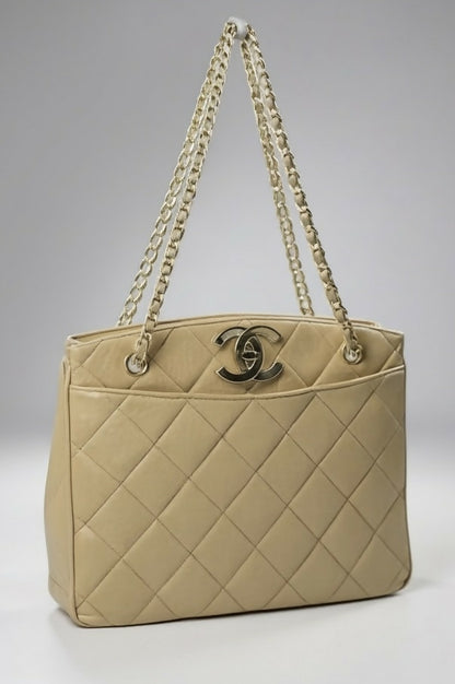 Chanel Vintage 24K CC Beige Lambskin Classic Timeless Tote Bag