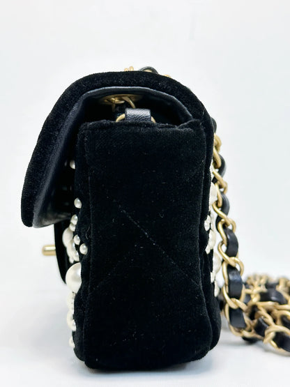 Chanel 2022 Mini Flap Bag in Black Velvet with Pearls and Gold Hardware
