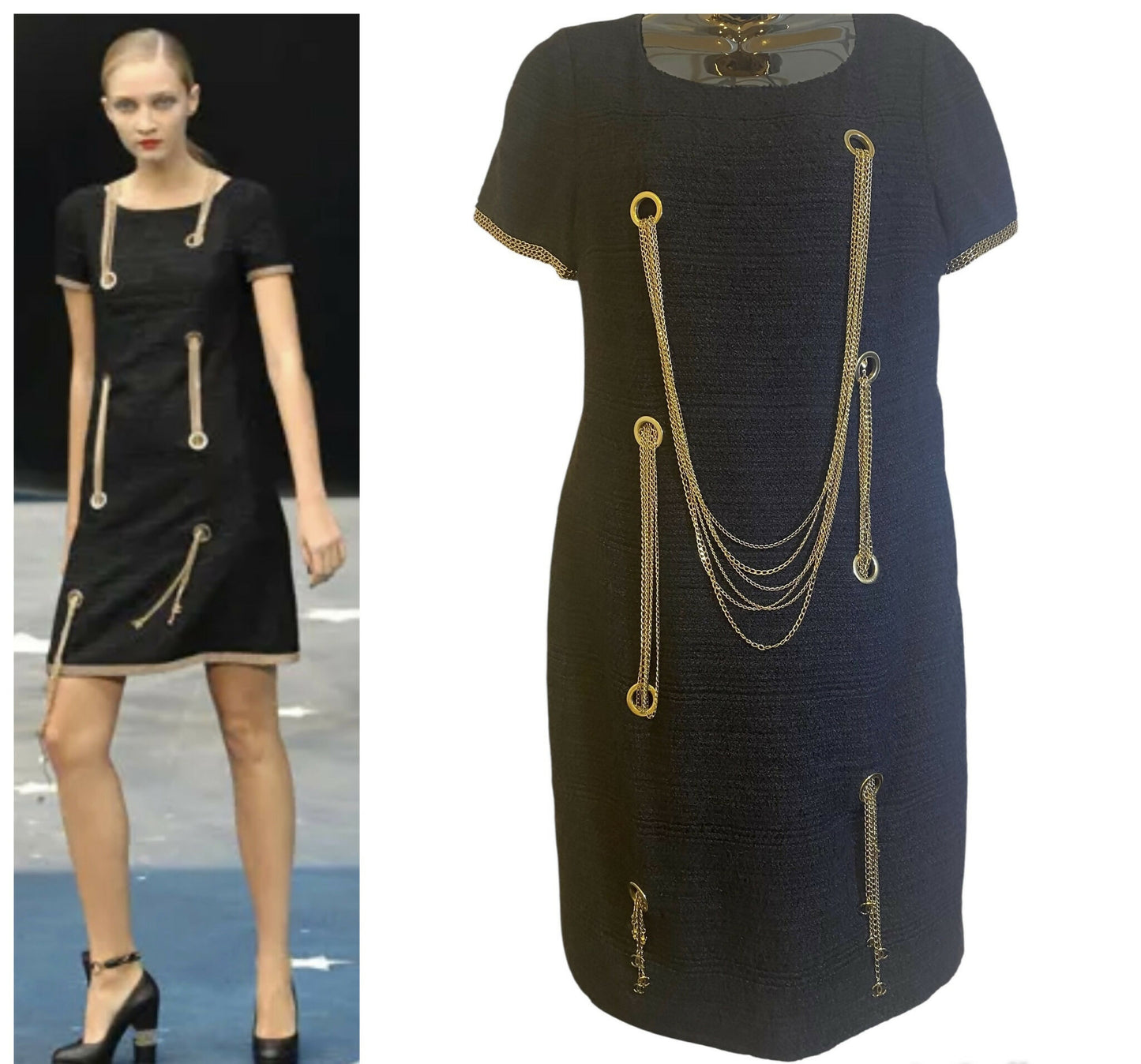 CHANEL 08P RUNWAY BLACK TWEED DRESS GOLD CC LOGO CHAINS FR 50