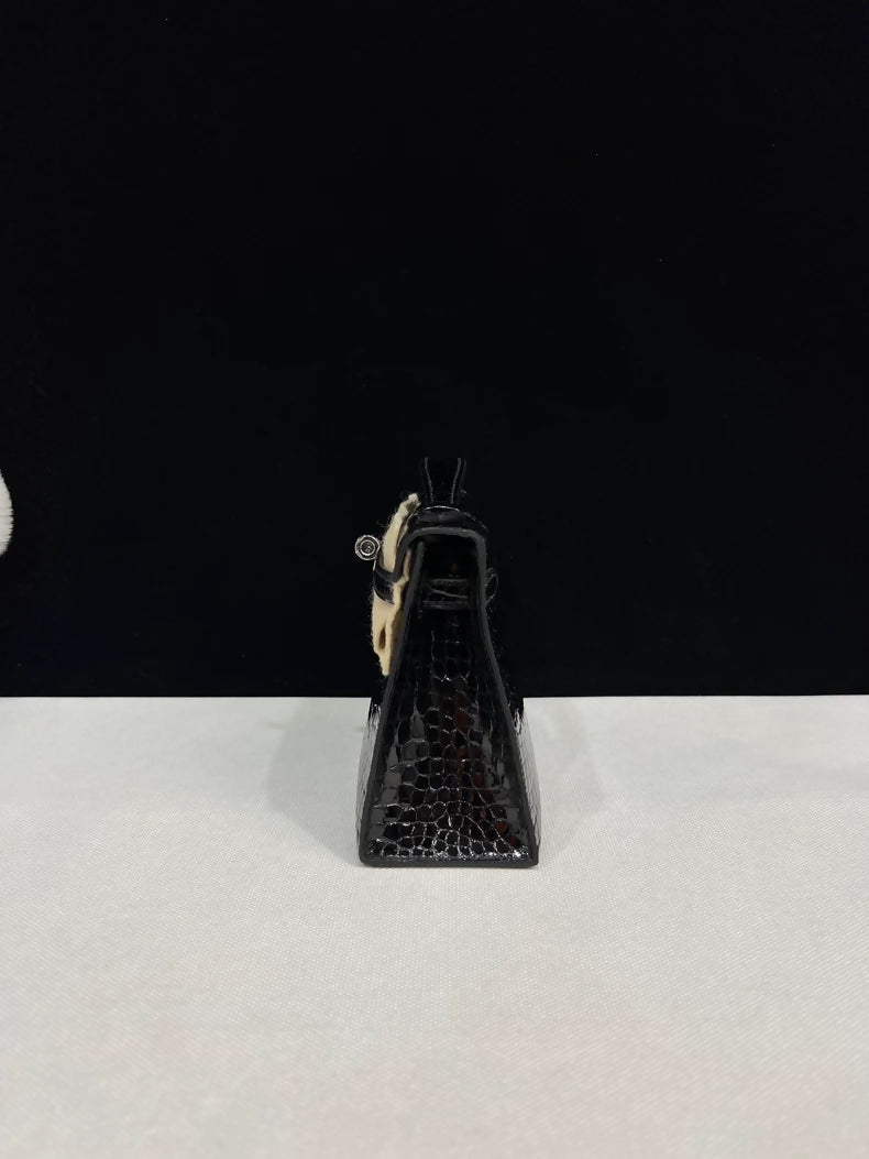 Hermes Kelly Pochette Black shiny Crocodile Leather with palladium hardware