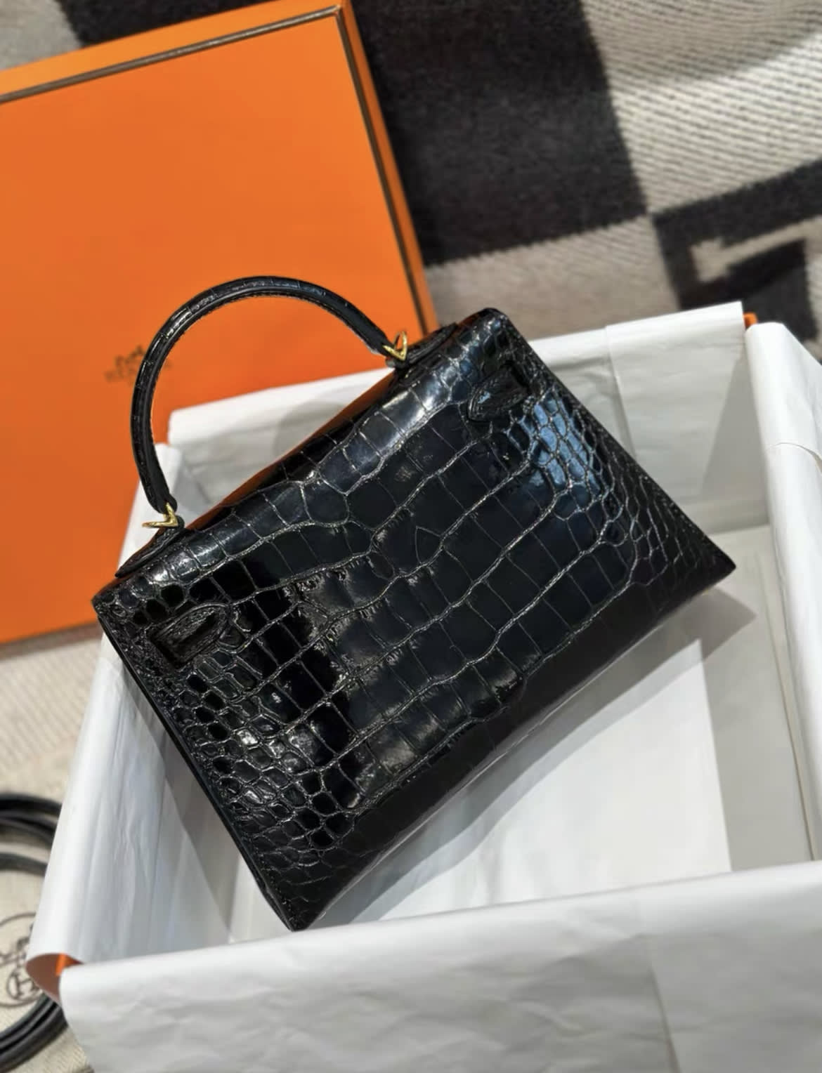 HERMES KELLY 20 MINI SELLIER BLACK ALLIGATOR SHINY GOLD HARDWARE