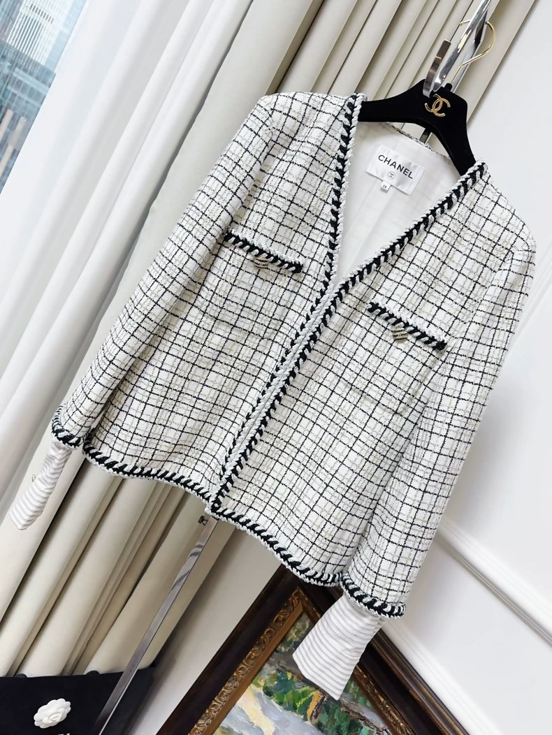 Chanel 24C Black & Ecru Tweed Jacket with Striped Cuffs