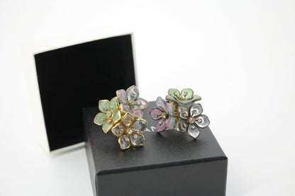 Chanel Vintage 71-80 Rhinestone Pink and Green Flower Earrings