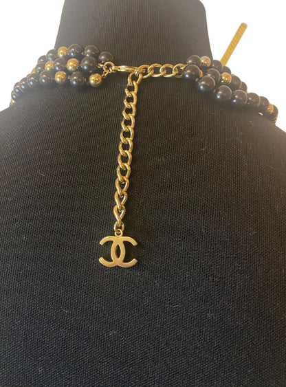 Chanel 16S Extra Long 3 Strand 4 CC Black Gold Mirror Beaded Necklace