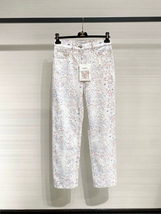Chanel 25C graffiti fish straight-leg jeans