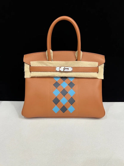 Hermes Birkin 30 Tressage Swift Gold/Bleu du Nord/Bleu Indigo leather palladium hardware