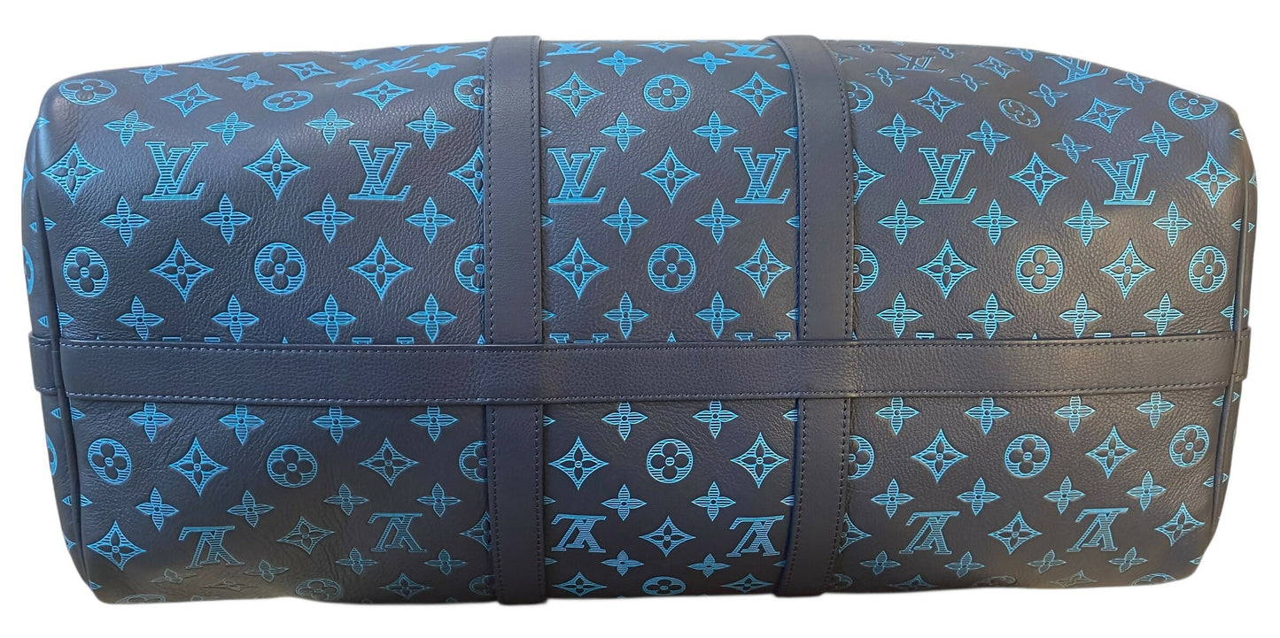 Louis Vuitton LIMITED EDITION Keepall Navy Teal River Bandouliere 50 Monogram Shadow!