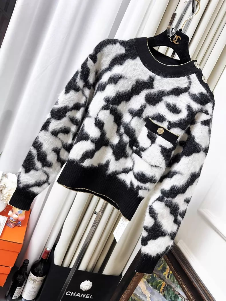 Chanel 20A Black and White Camellia Mohair Sweater with Gold Buttons