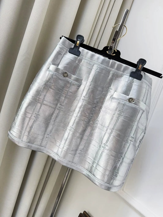 Chanel 25c silver metallic diamond skirt