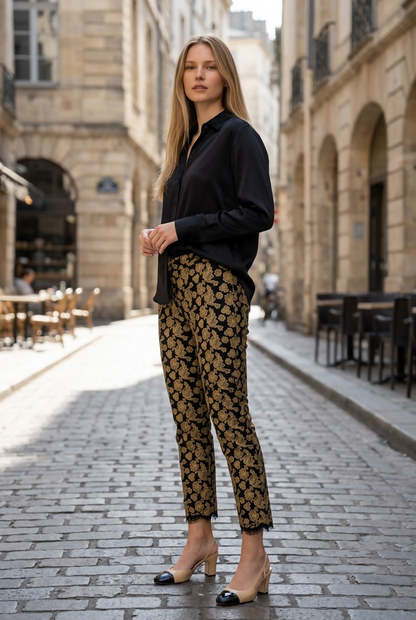 Chanel 16A Paris Rome Caramel Black Lace Dress Pants Trouser FR 44
