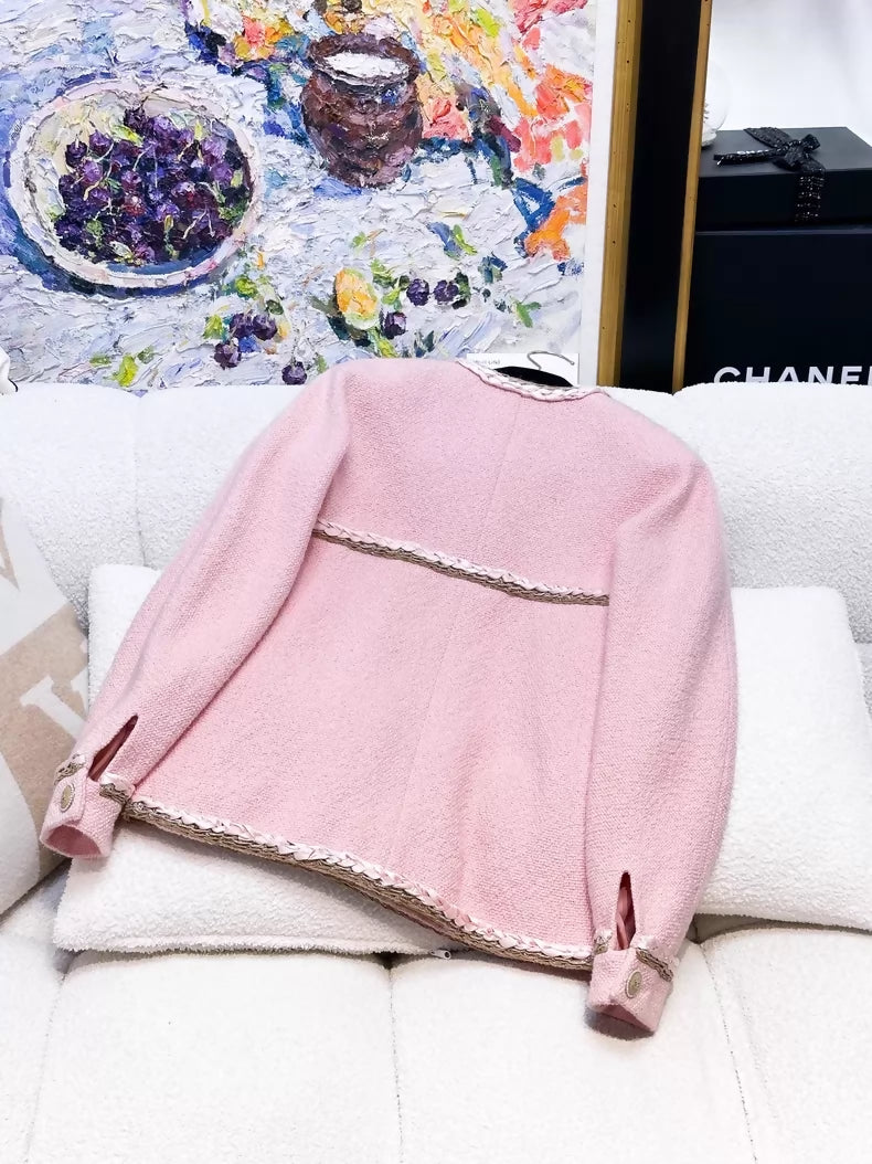 Chanel 16c pink satin lace-trimmed tweed jacket