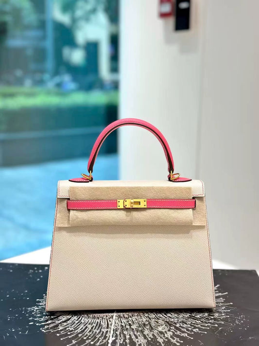 Hermes Kelly 25 craie & pink lipstick Epsom leather brushed gold hardware