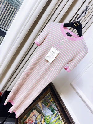 Chanel 25B pink striped Coco Chanel portrait knit dress