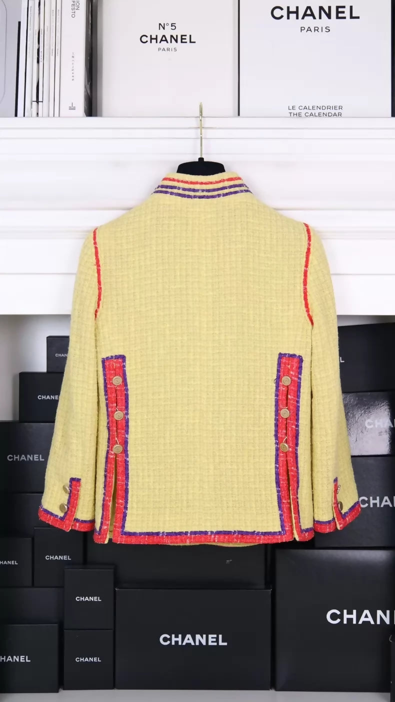 Chanel 2006 red yellow tweed jacket with Camellia Brooch
