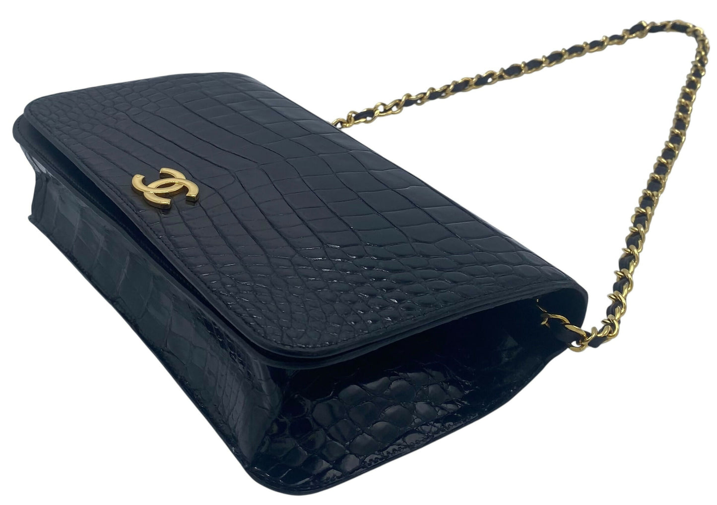 RARE Vintage 1984 Chanel Black Croc Flap Bag 24K Gold Hardware