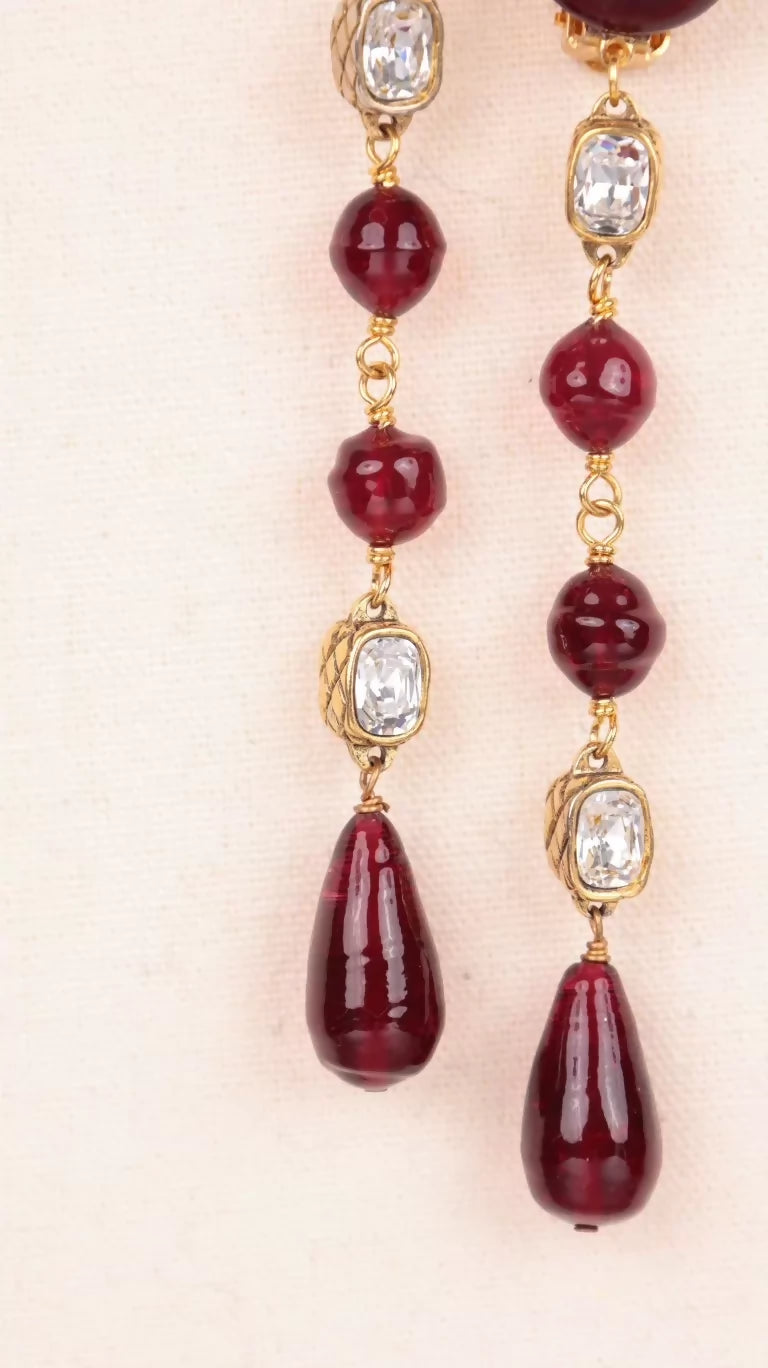 Chanel 1990 Red Glass Rhinestone Clip-on Earrings