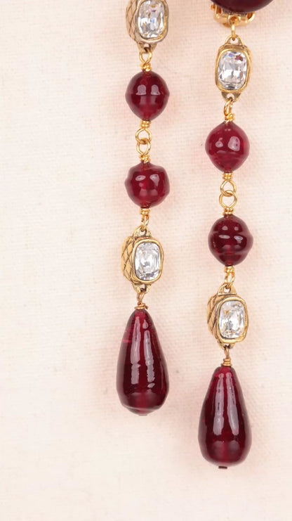 Chanel 1990 Red Glass Rhinestone Clip-on Earrings